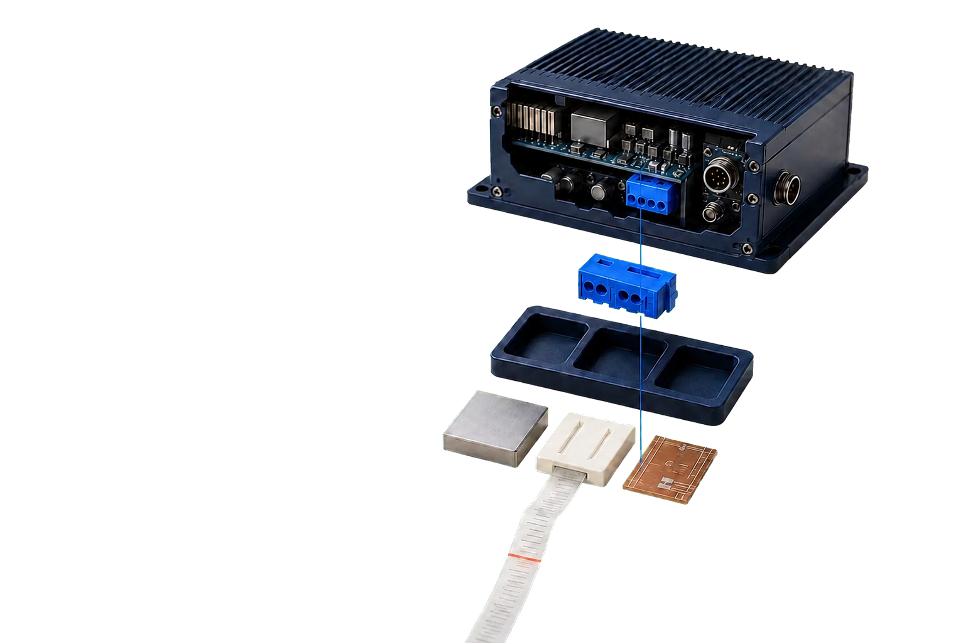 A product separated into a control unit, components, material samples and substance data